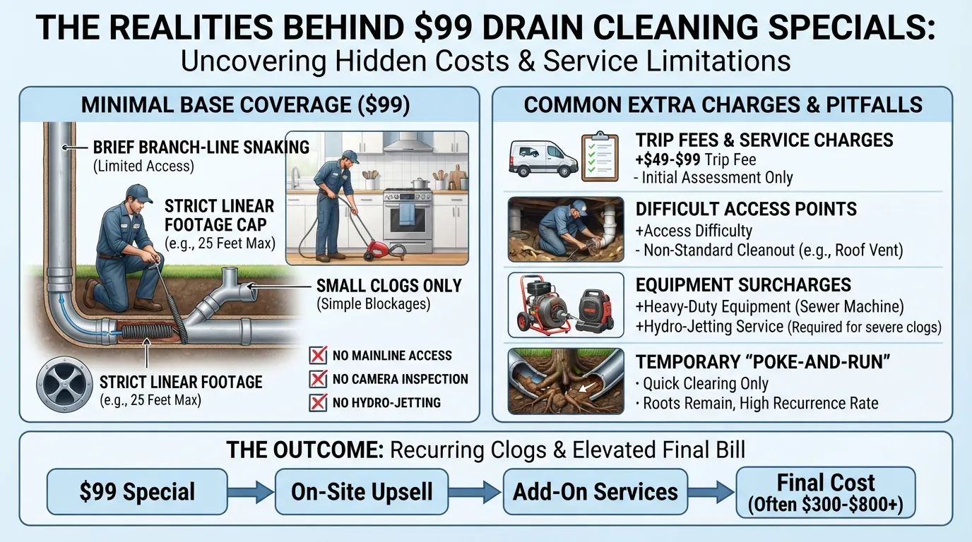 An informational infographic breaking down what is included in a 99 dollar drain cleaning offer versus what triggers hidden add-on fees and restrictions.
