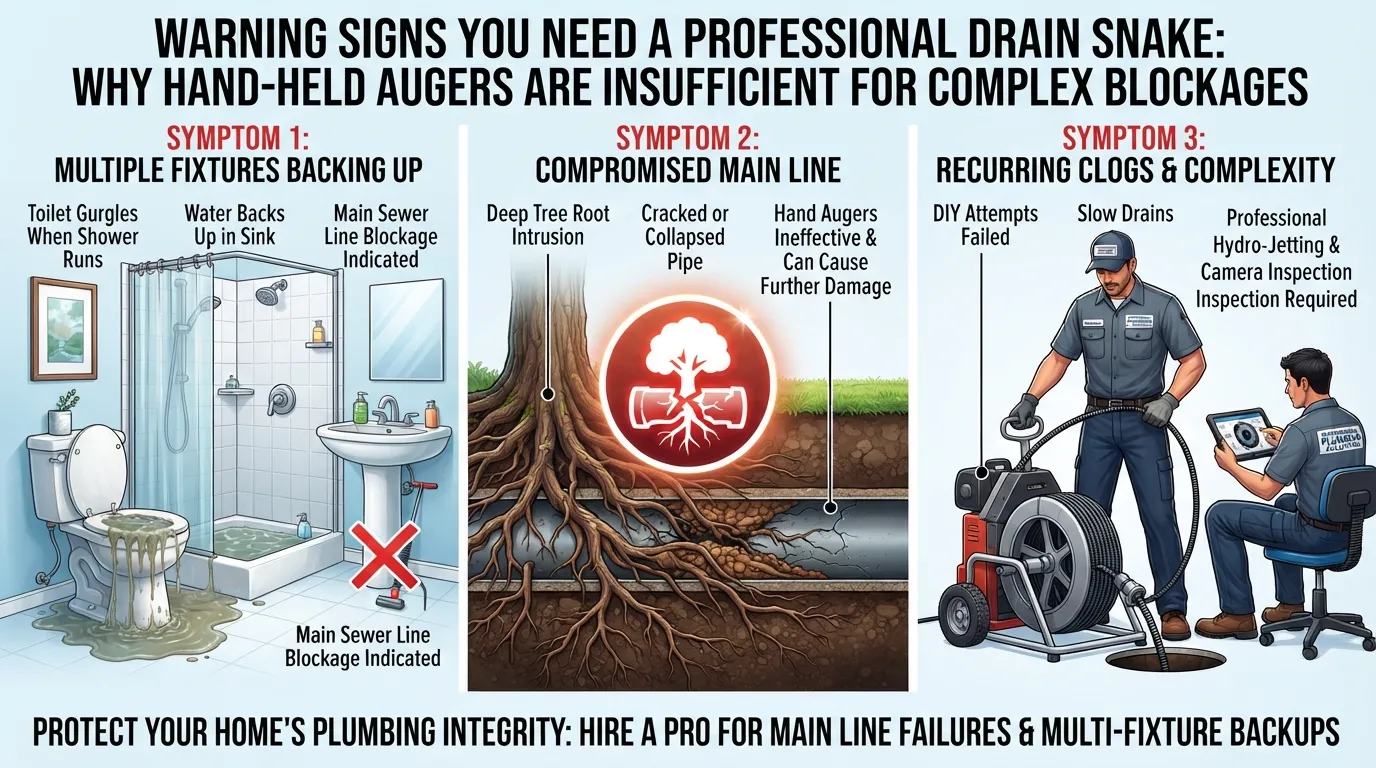 Hand holding a plumbing wrench next to multiple clogged drains and warning signs indicating when to call a professional plumber.