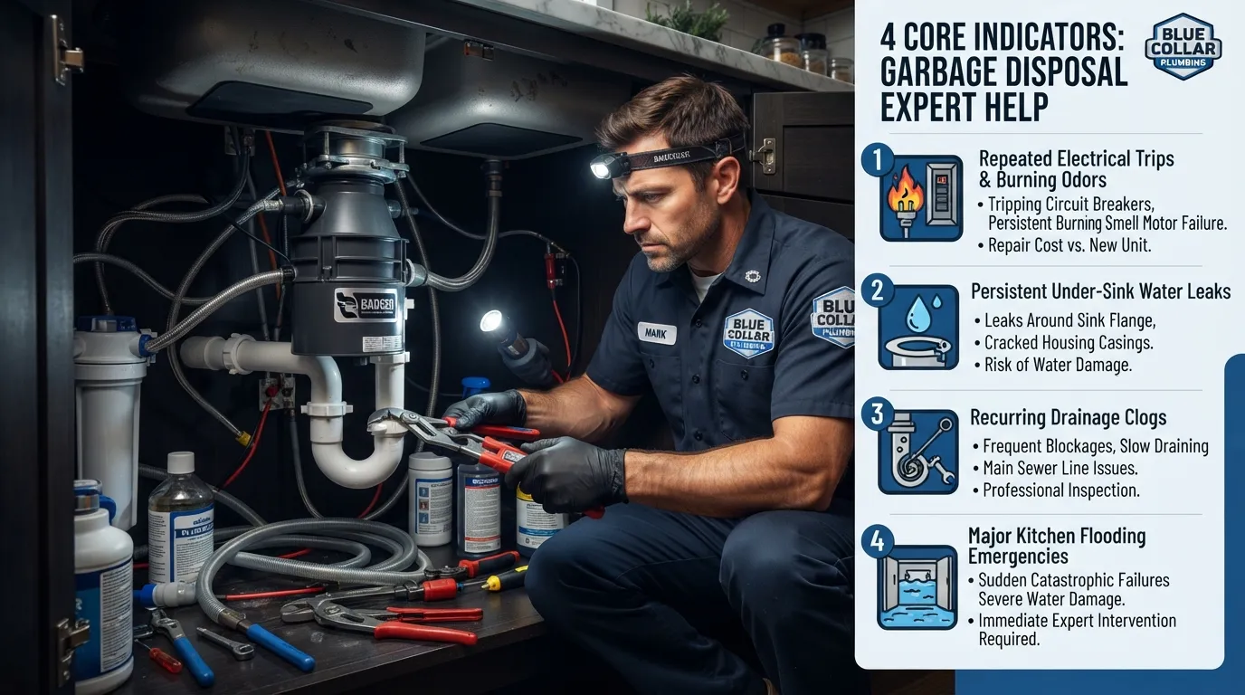 Professional plumber inspecting and repairing a garbage disposal under a kitchen sink with tools.