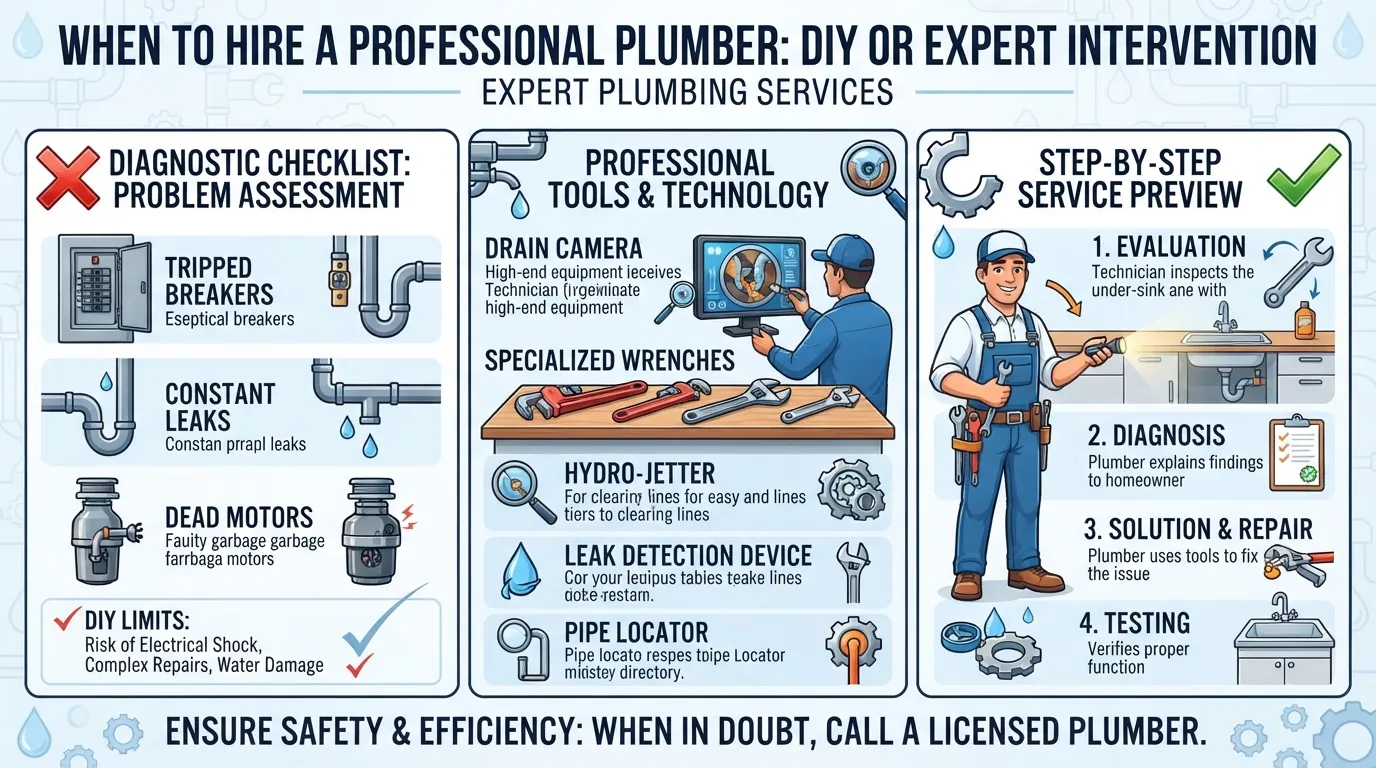 Licensed plumber inspecting a garbage disposal and kitchen sink plumbing to troubleshoot mechanical issues.