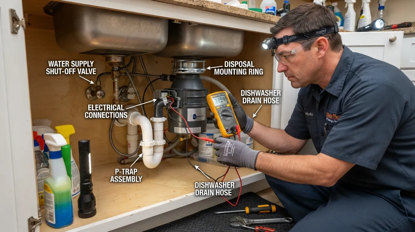 A professional plumber inspecting and diagnosing garbage disposal and under-sink plumbing issues in a residential kitchen