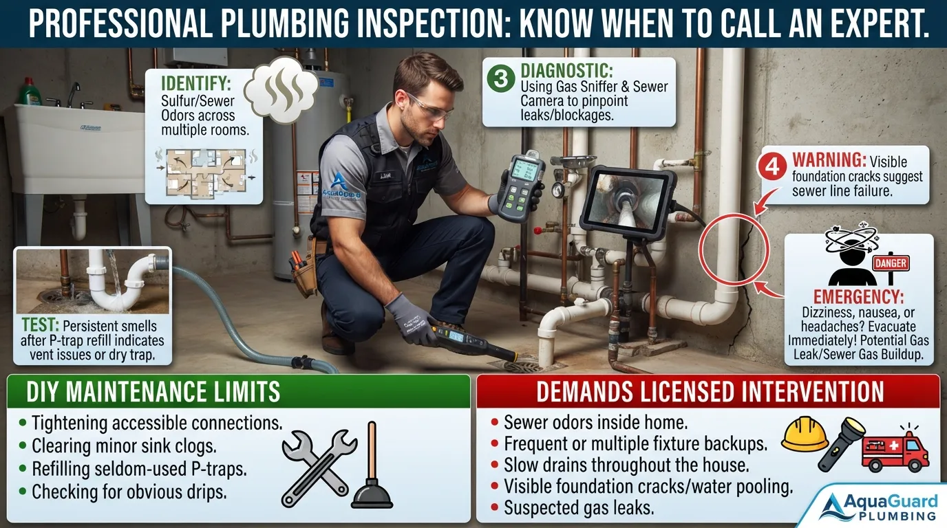 A licensed professional plumber using advanced diagnostic equipment to inspect complex sewer line cracks and plumbing vents.