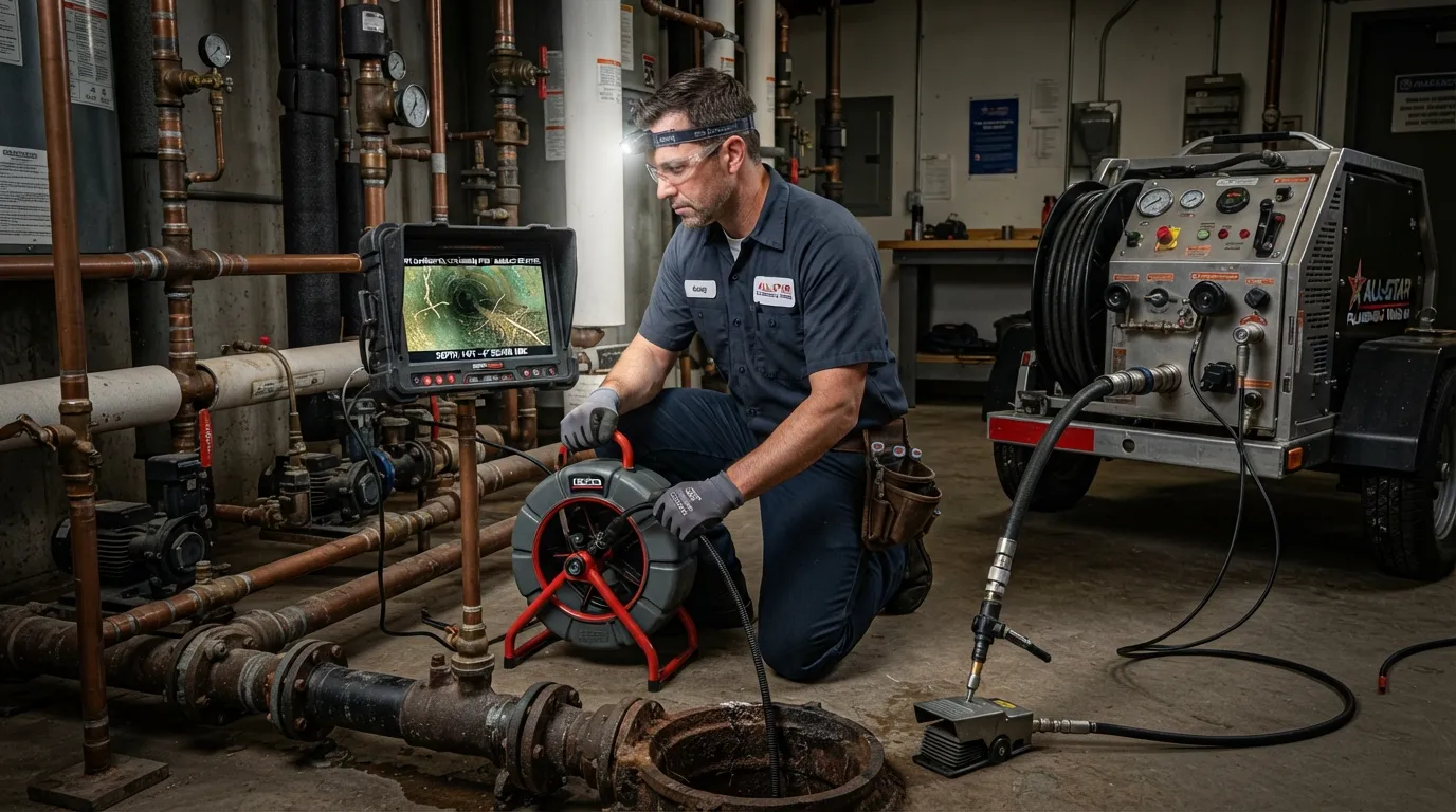 Professional plumber inspecting a plumbing system with tools and diagnostic equipment.