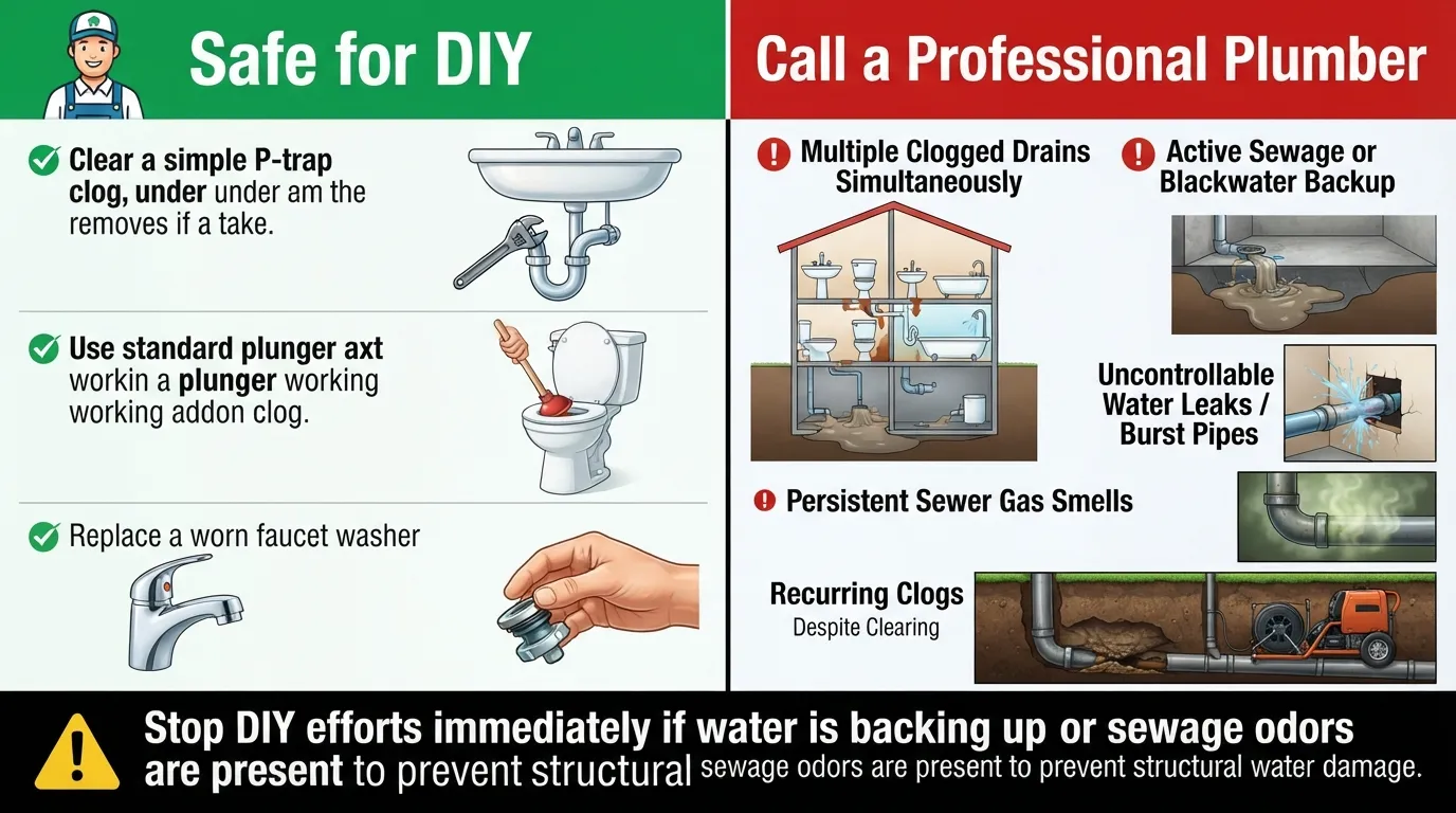 Infographic comparing DIY plumbing tasks like minor clogs against professional plumbing situations like main line backups, sewage leaks, and burst pipes.