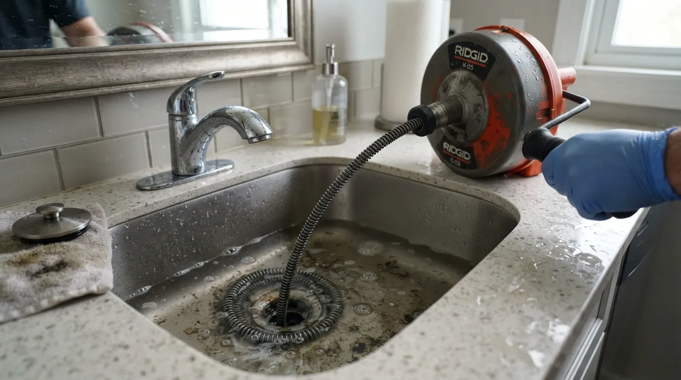 A plumber using a hand-crank drum auger to clear a localized slow sink drain and standing water.