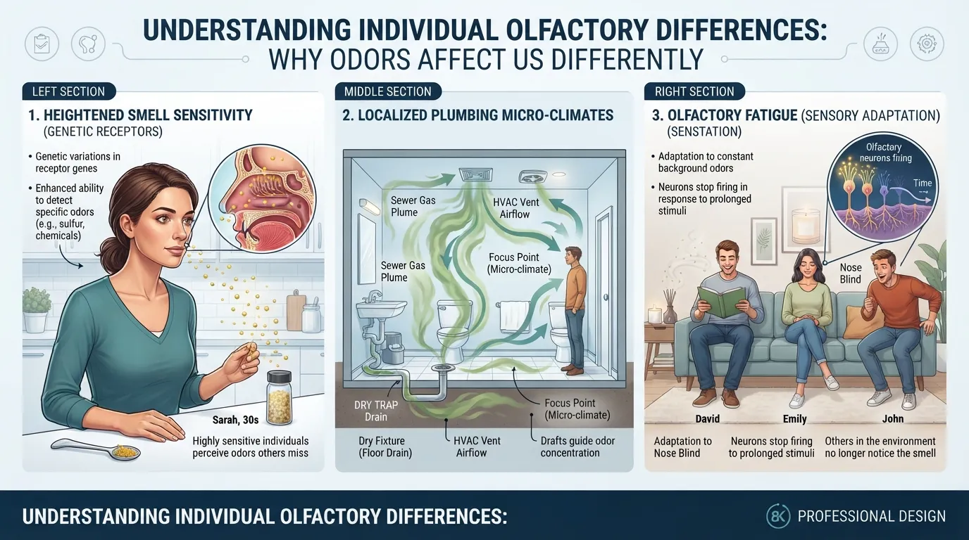 Infographic explaining why one person smells sewer gas due to high smell sensitivity, localized leaks, or nose blindness while others do not.