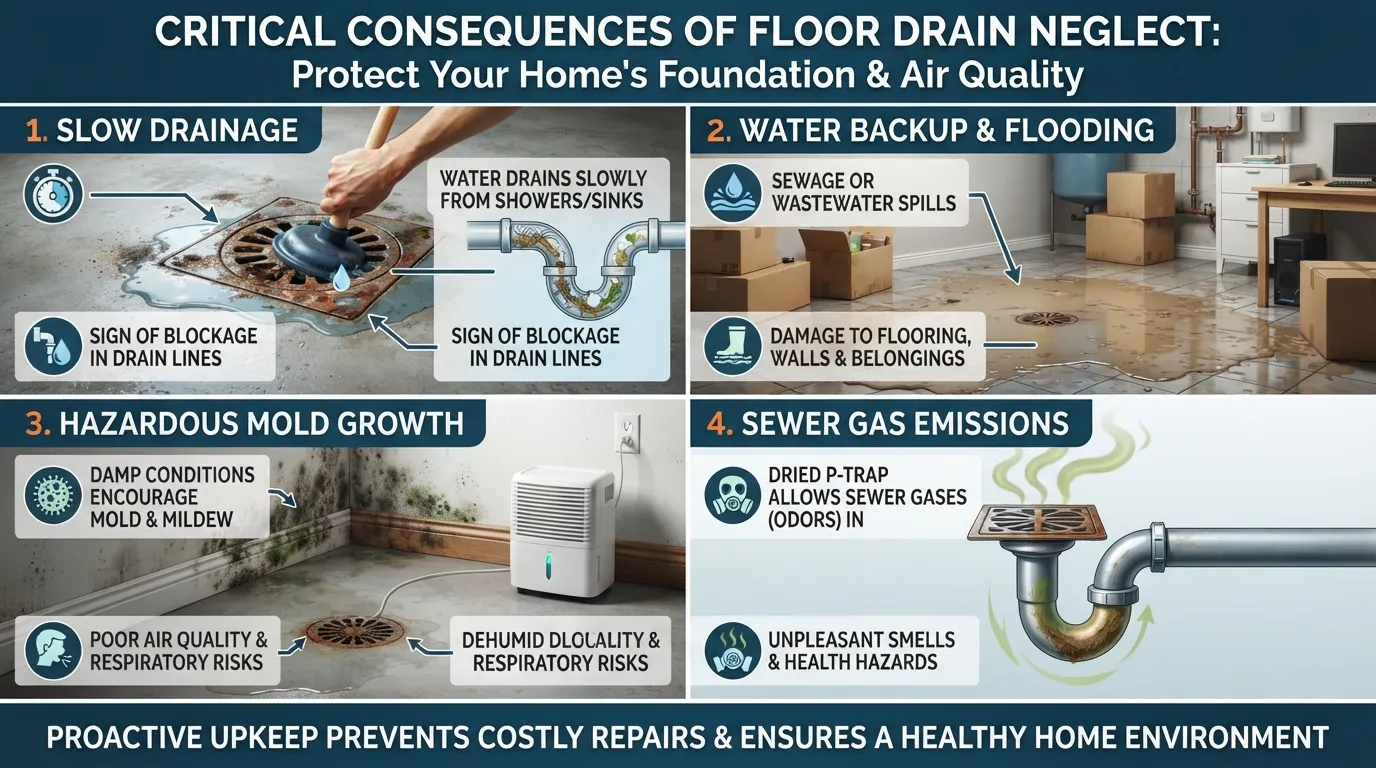 Infographic showing the consequences of neglecting floor drain maintenance, including water damage, mold growth, and sewer gas exposure
