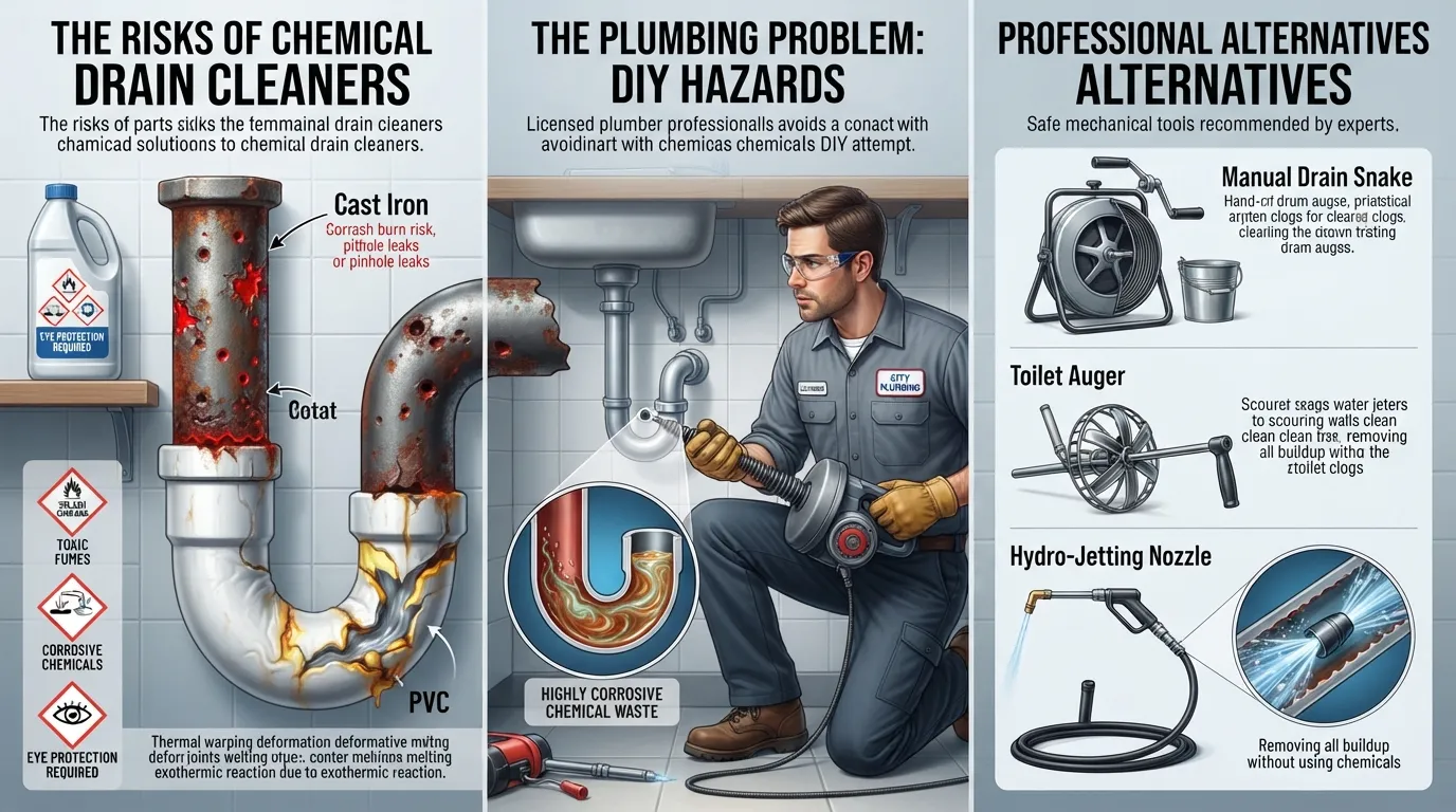 An infographic illustrating the main reasons plumbers discourage chemical drain cleaners, showing pipe corrosion, thermal cracking in PVC, chemical burn hazards, and safe mechanical alternatives.