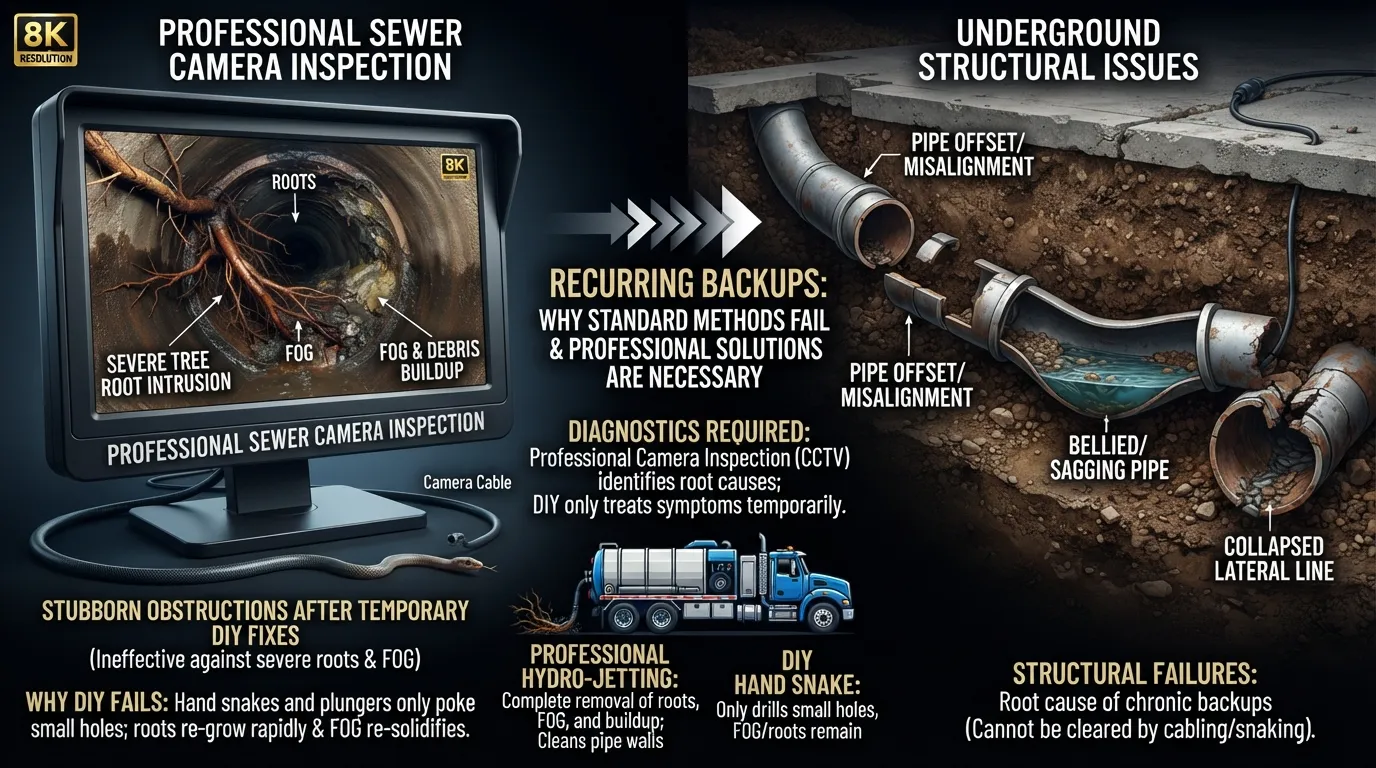 Professional plumber examining a sewer pipe camera monitor showing recurring blockages and structural pipe damage