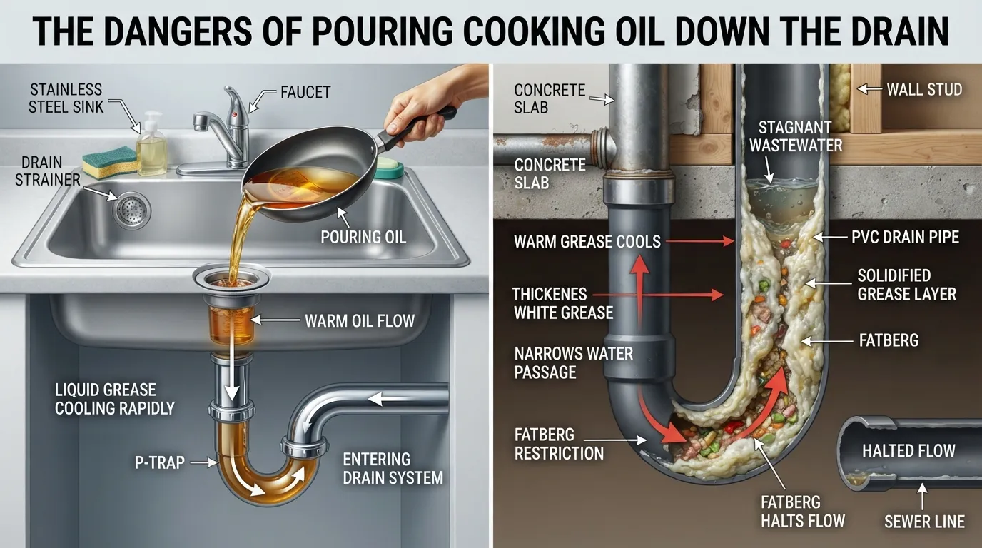 Cross-section diagram of a residential pipe showing thick grease buildup, food debris, and a major clog caused by pouring cooking oil down the kitchen sink.