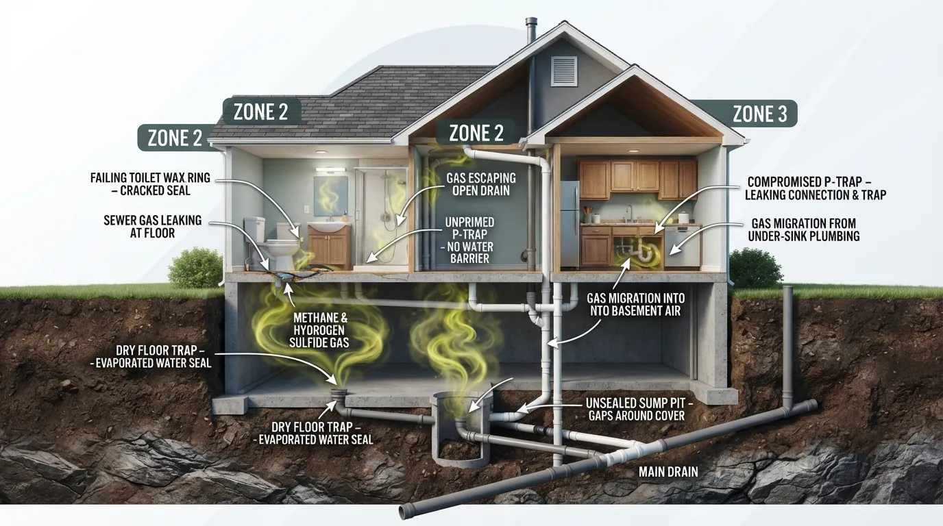 Detailed cutaway diagram of a house highlighting common sewer gas leak sources in the bathroom, basement, and kitchen such as P-traps, toilet wax rings, and floor drains.
