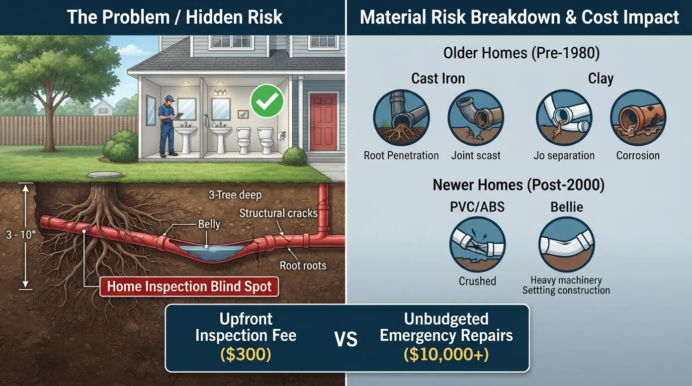 Infographic illustrating hidden underground sewer line risks missed during a home inspection, comparing older clay pipes to modern PVC pipe issues.