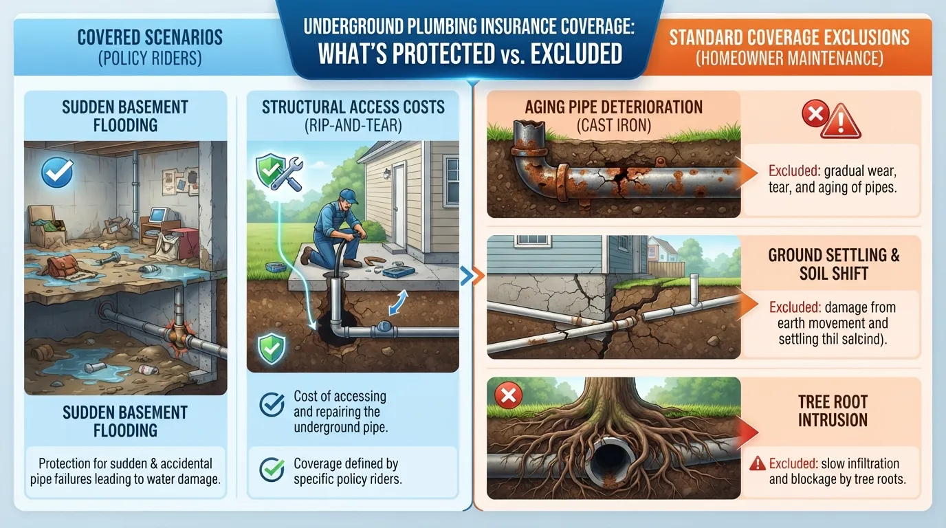 Homeowner reviewing insurance policy documents regarding sewer line coverage and exclusions