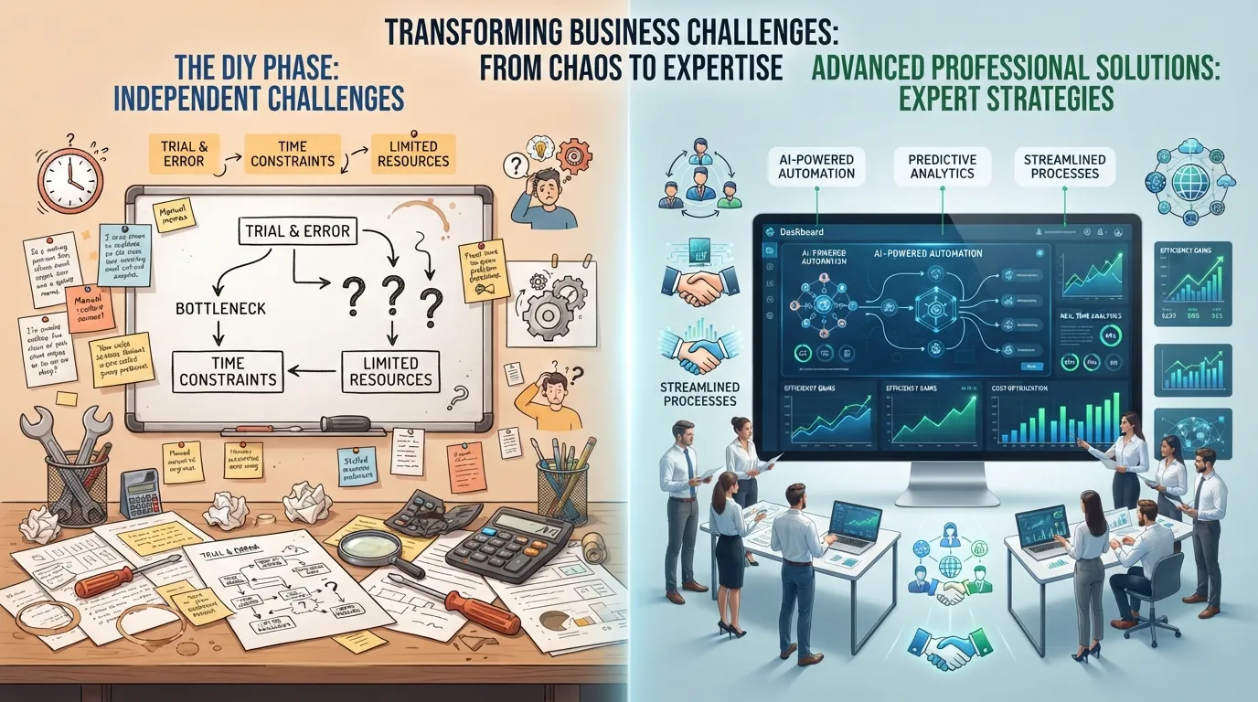 A side-by-side comparison infographic showing a cluttered DIY toolkit on one side and a sleek, high-tech professional workflow dashboard on the other, representing advanced business solutions.