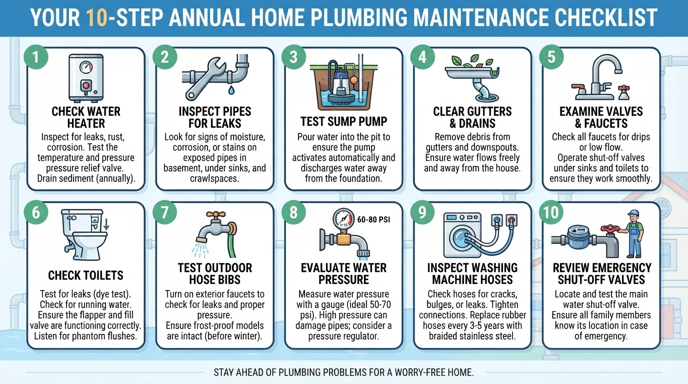 A comprehensive 10-step annual home plumbing maintenance checklist infographic outlining essential inspection tasks for homeowners.