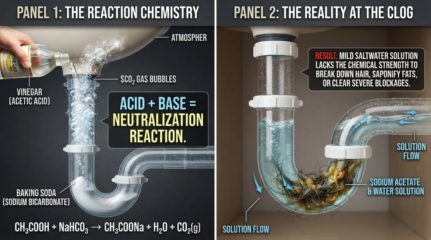 Chemical reaction diagram showing baking soda and vinegar neutralizing into carbon dioxide bubbles and weak saltwater inside a clogged plumbing pipe.