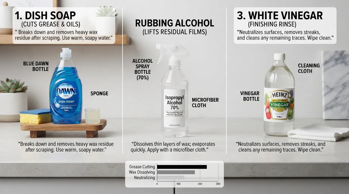 Assortment of effective cleaning agents including Dawn dish soap, rubbing alcohol, and vinegar arranged for removing wax residue from surfaces.