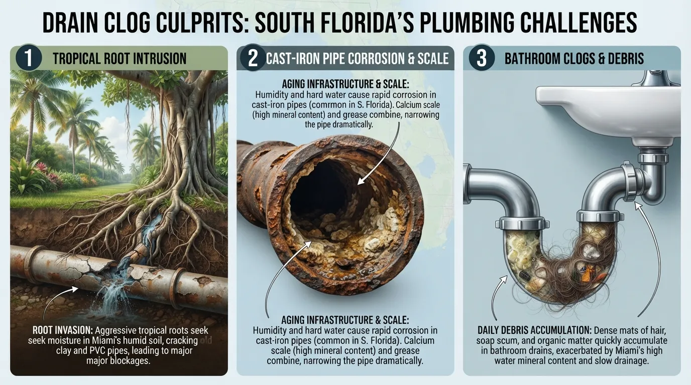 Cross-section graphic of a Miami home plumbing pipe highlighting regional clog catalysts like tropical tree roots, hard water mineral scale, and kitchen grease buildup.