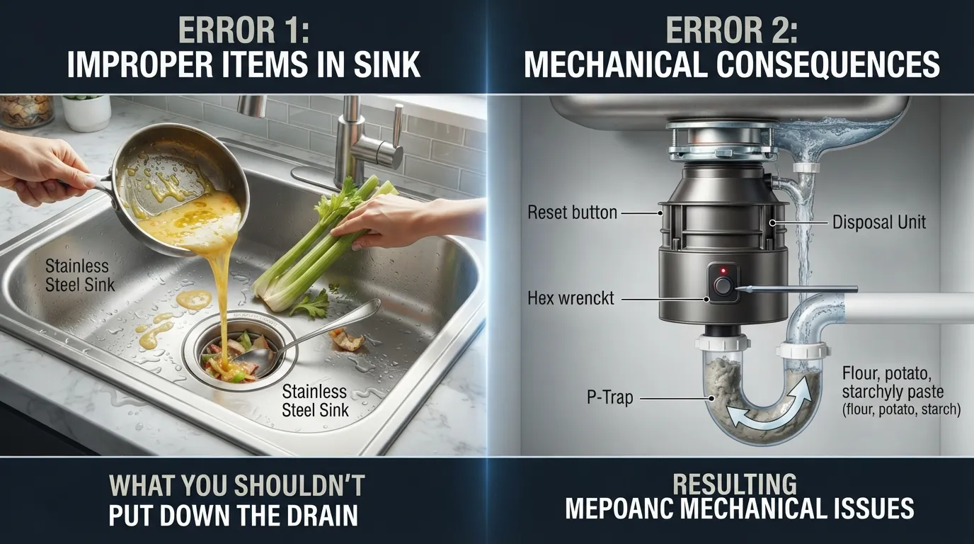 Infographic showing common mistakes that ruin a garbage disposal, such as pouring grease, running it without cold water, and dropping non-food items.