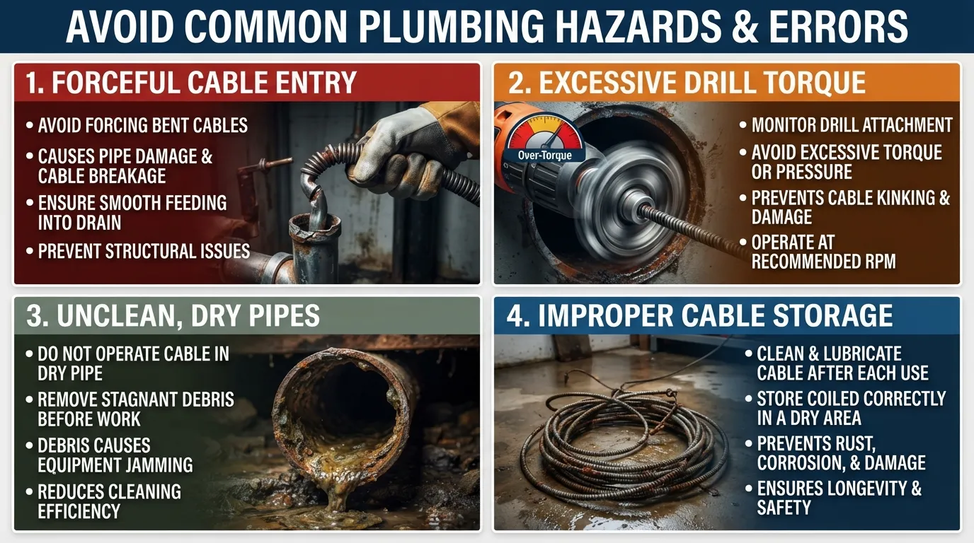 Infographic illustrating common drain auger mistakes such as over-rotation, forcing cables, and skipping the water flush.