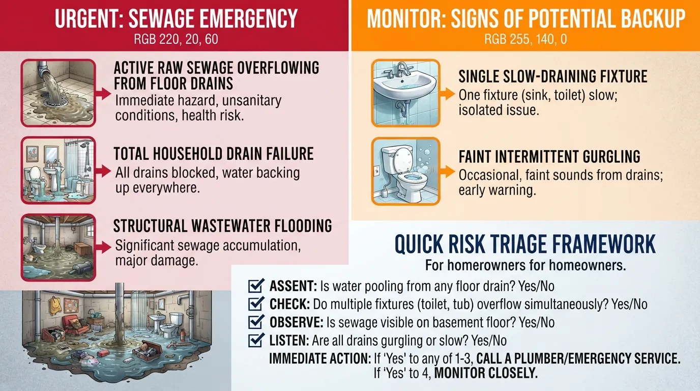 Decision-making flowchart and triage guide comparing emergency sewer backup symptoms with monitorable plumbing issues