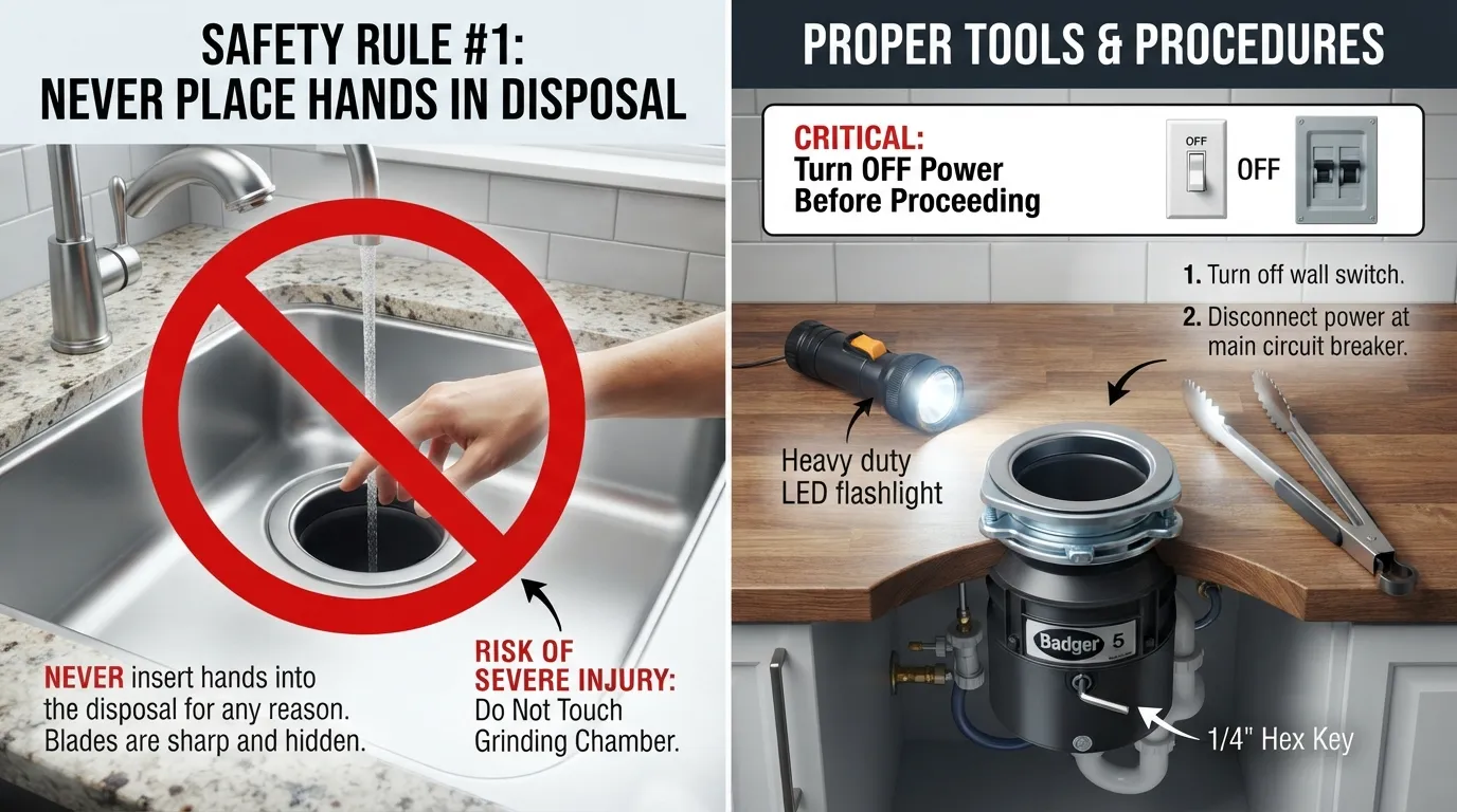 A step-by-step visual safety guide showing a person using proper tools like a flashlight and hex wrench near a garbage disposal while wearing protective measures.