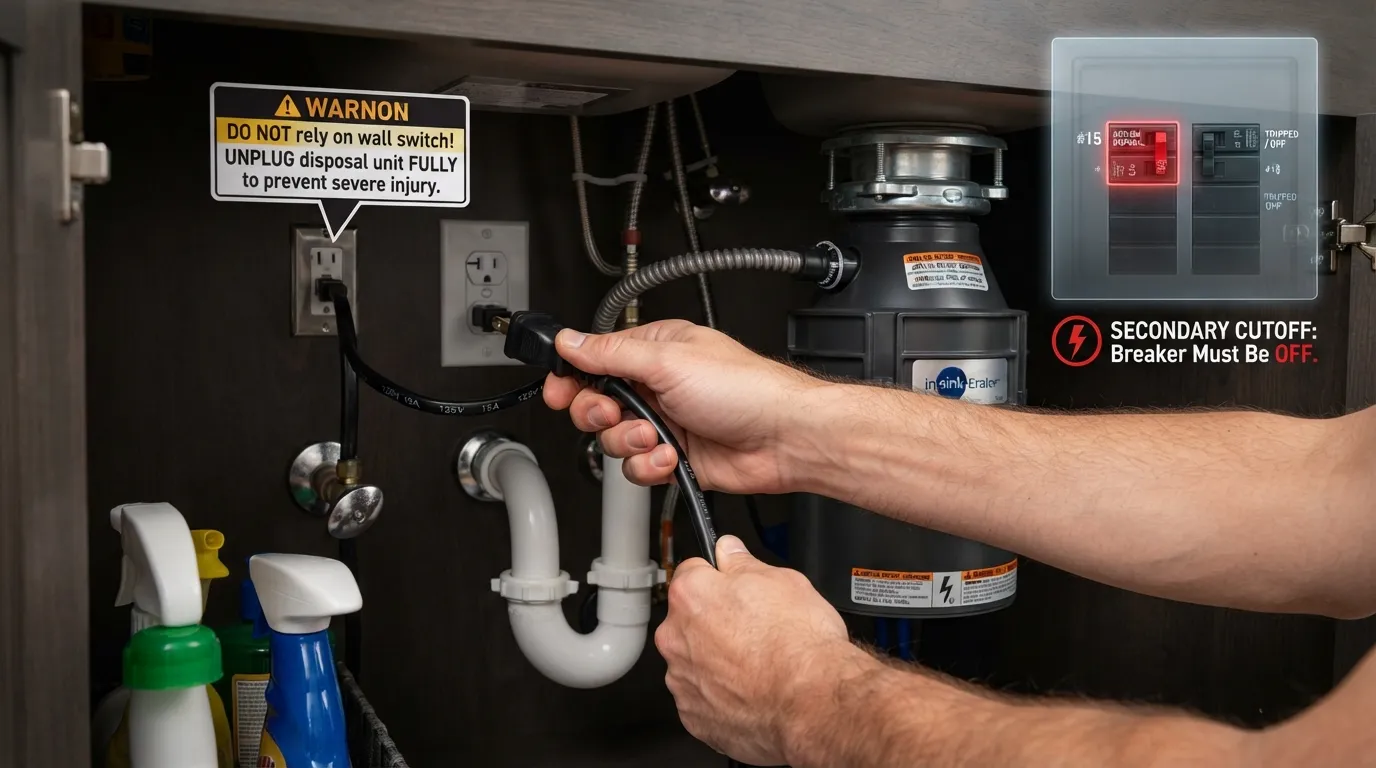 Close-up of a person unplugging a garbage disposal power cord under the kitchen sink and turning off the wall switch for electrical safety.