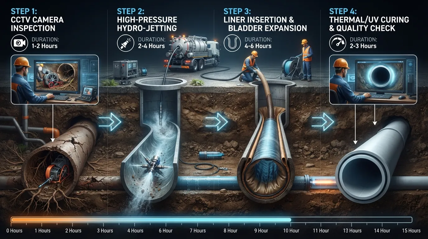 Infographic timeline breaking down the sewer lining process from camera inspection and hydro-jetting to final curing