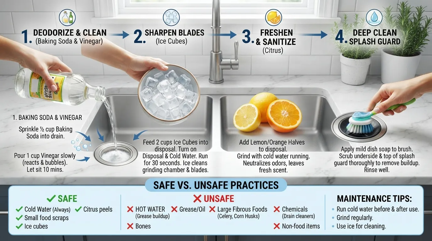 Step-by-step cleaning process for a garbage disposal showing baking soda, vinegar, and ice being used safely in a kitchen sink.
