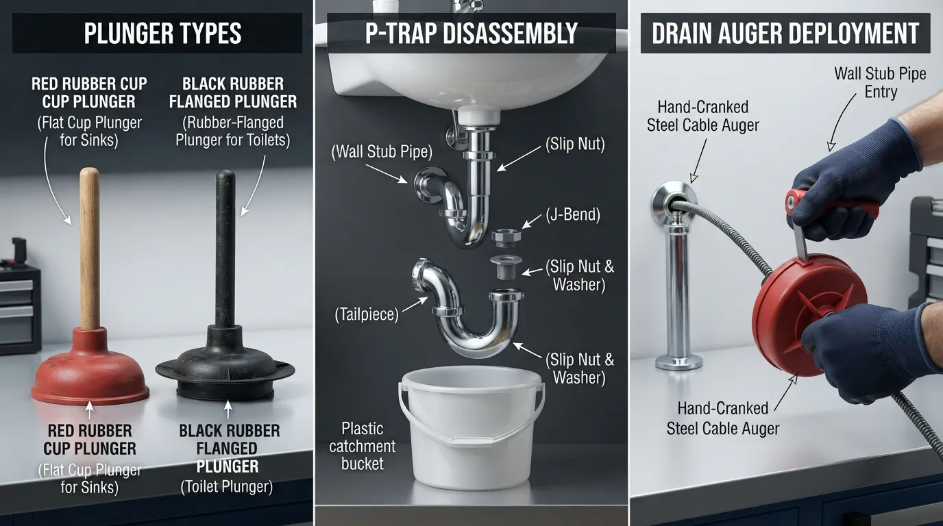A collection of mechanical drain clearing tools including a flange plunger, a hand auger drain snake, and a disassembled P-trap on a clean work surface.
