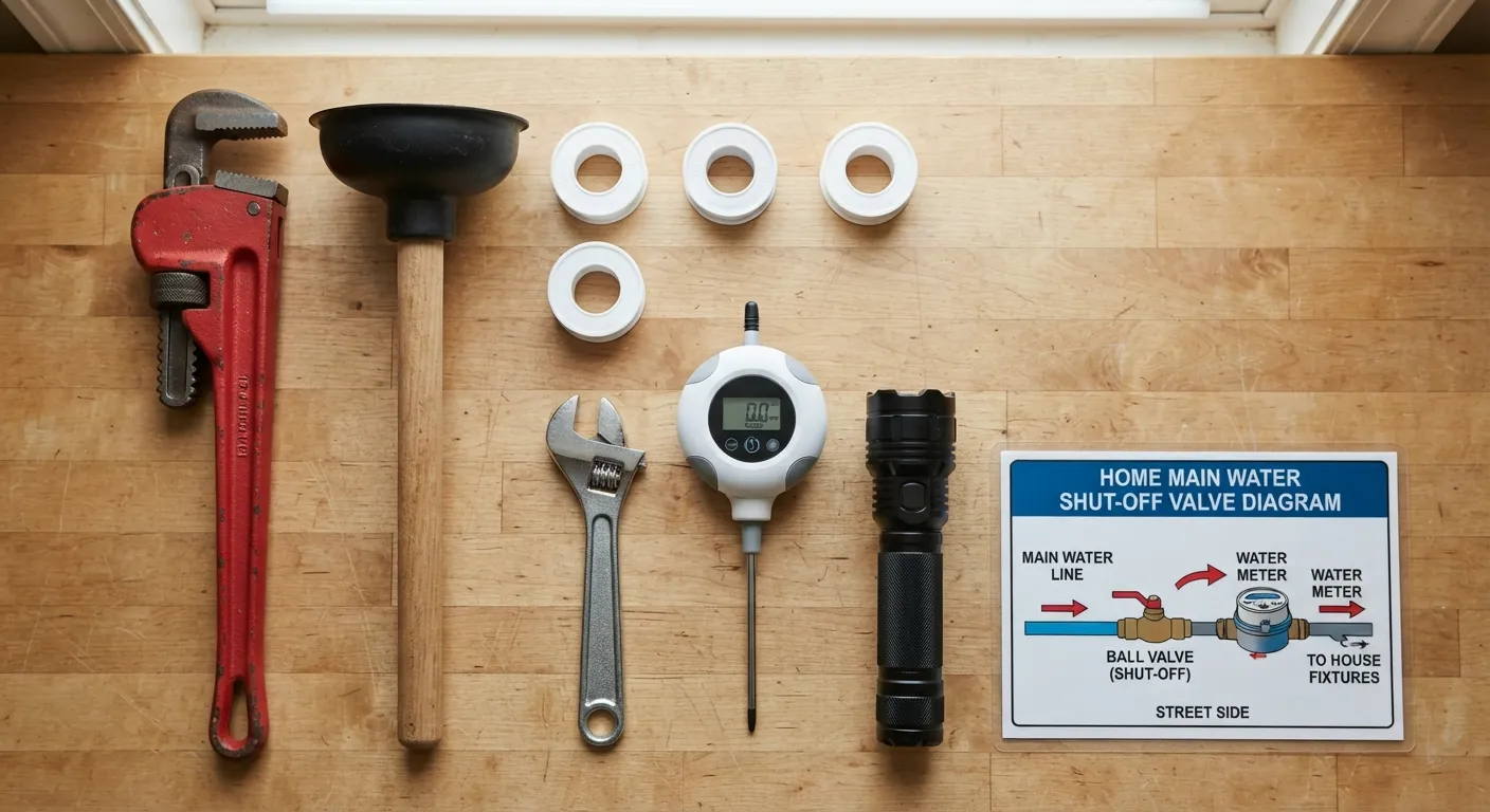 Flat lay of essential plumbing tools and inspection items for new homeowners, including a pipe wrench, plunger, teflon tape, and a flashlight on a wooden surface.