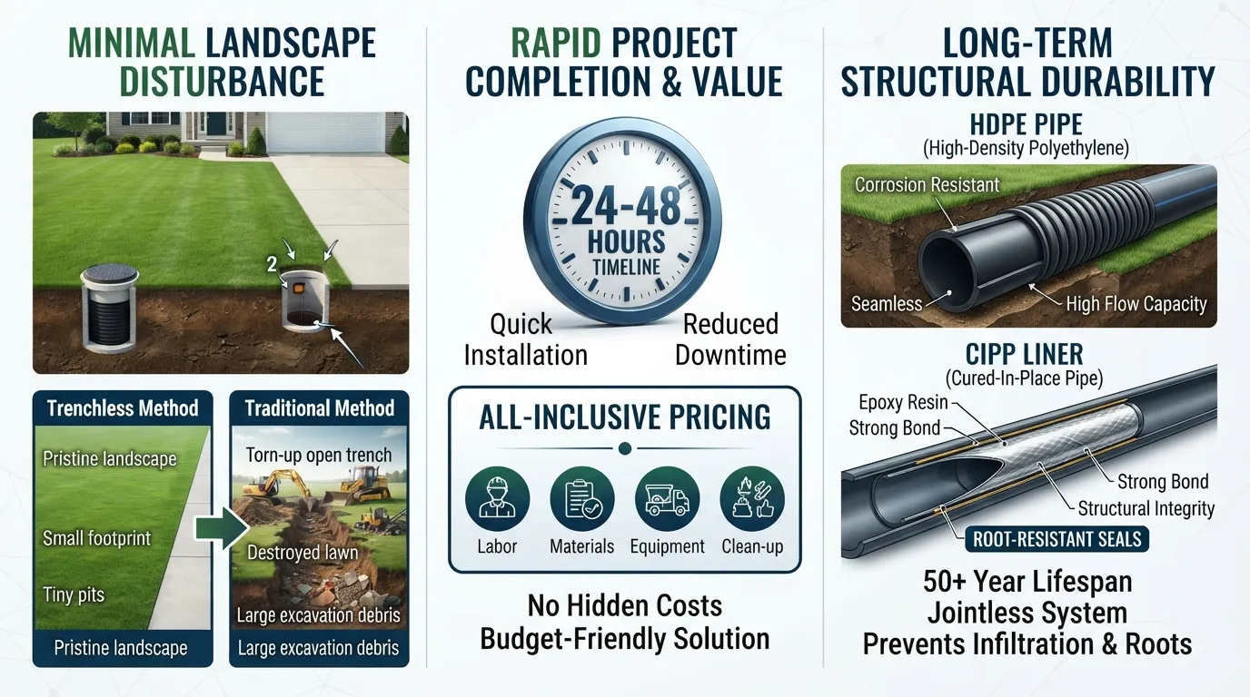 Infographic comparing the benefits of trenchless sewer line repair like preserved landscaping and fast turnaround versus traditional digging.