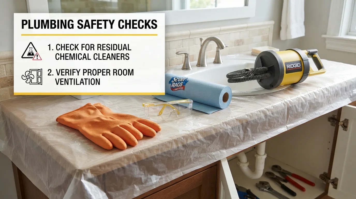 Close-up of a DIY plumber wearing heavy-duty rubber gloves and safety glasses while preparing a drain auger and workspace.