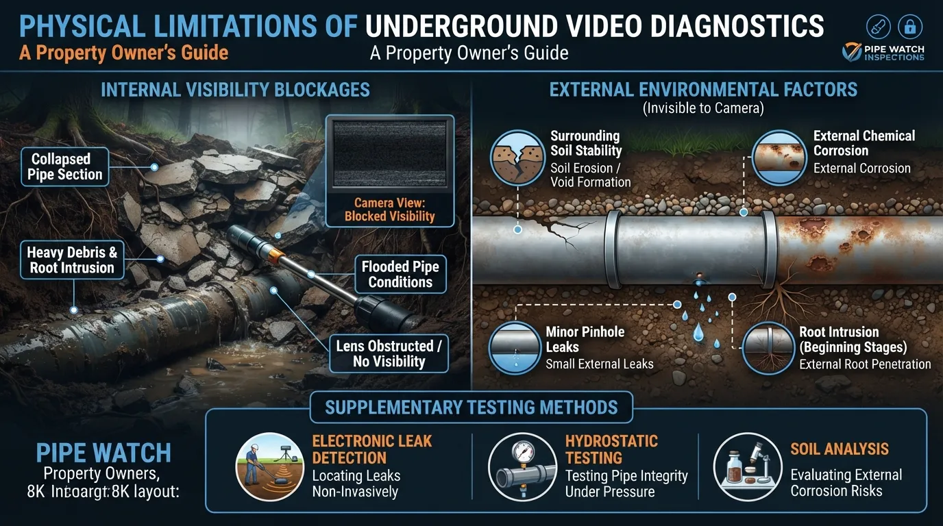 Professional plumbing technician reviewing a digital monitor while noting limitations of a sewer camera inspection such as blind spots in collapsed pipes and unobserved exterior soil conditions.