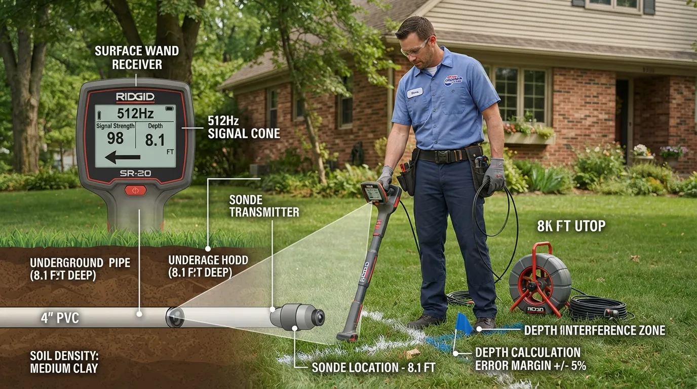 Professional plumber using a 512Hz sonde receiver wand to track underground sewer camera depth and horizontal position on a lawn.