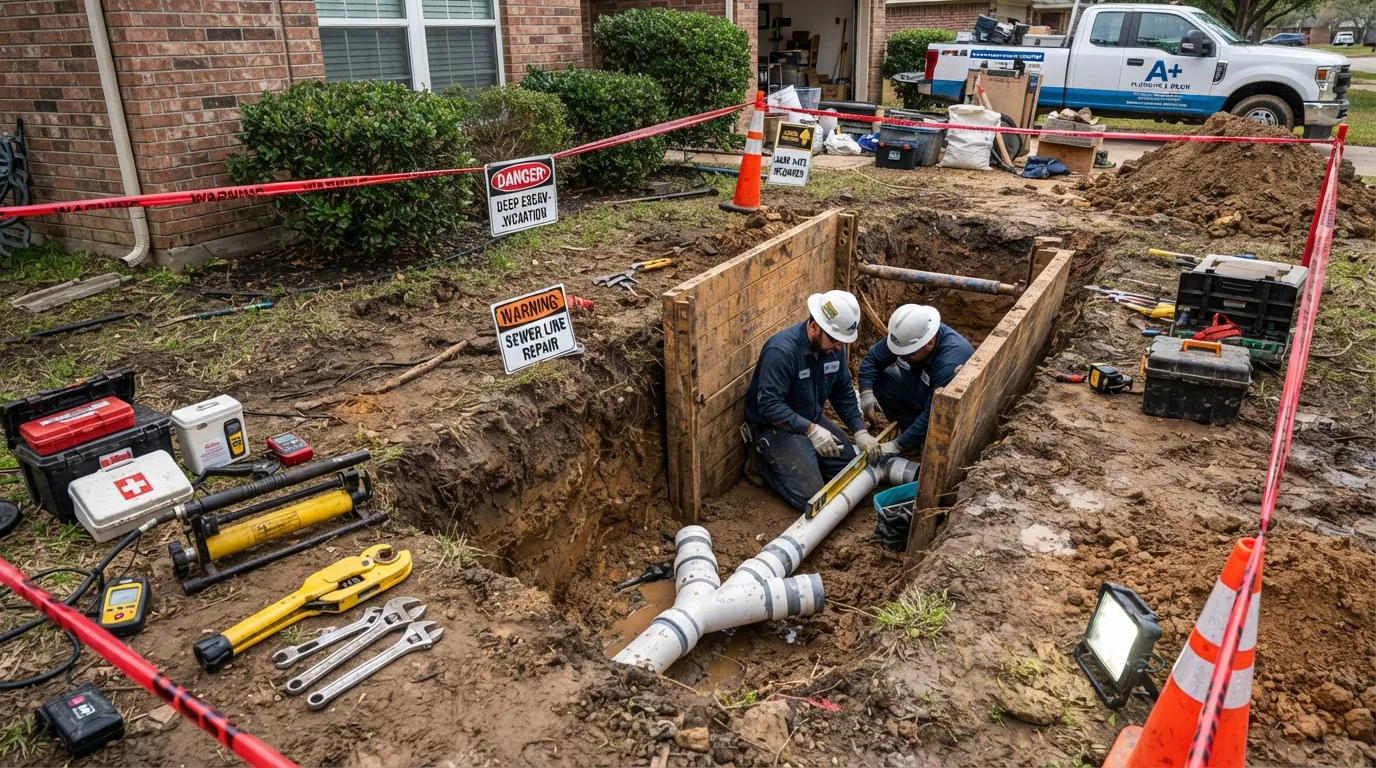 Plumber evaluating a high-risk DIY sewer line repair showing open excavation, safety hazards, and plumbing tools