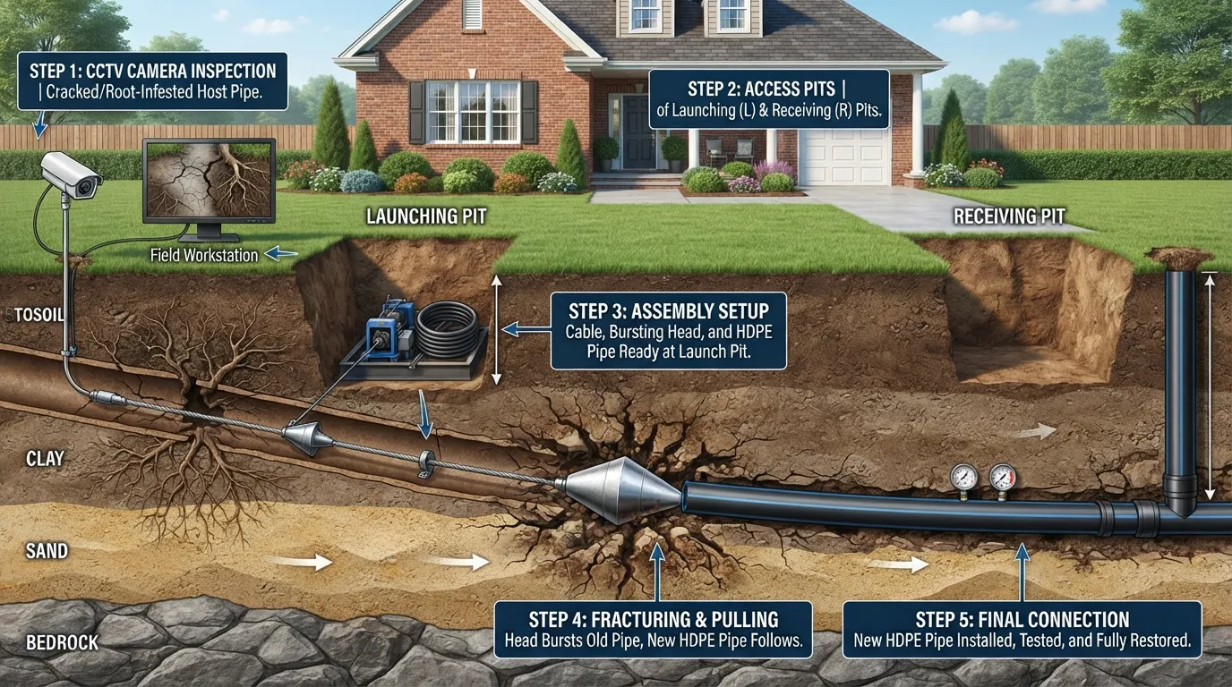 Infographic diagram illustrating the 5-step trenchless pipe bursting process from initial camera inspection to pulling new HDPE pipe through fractured underground lines.