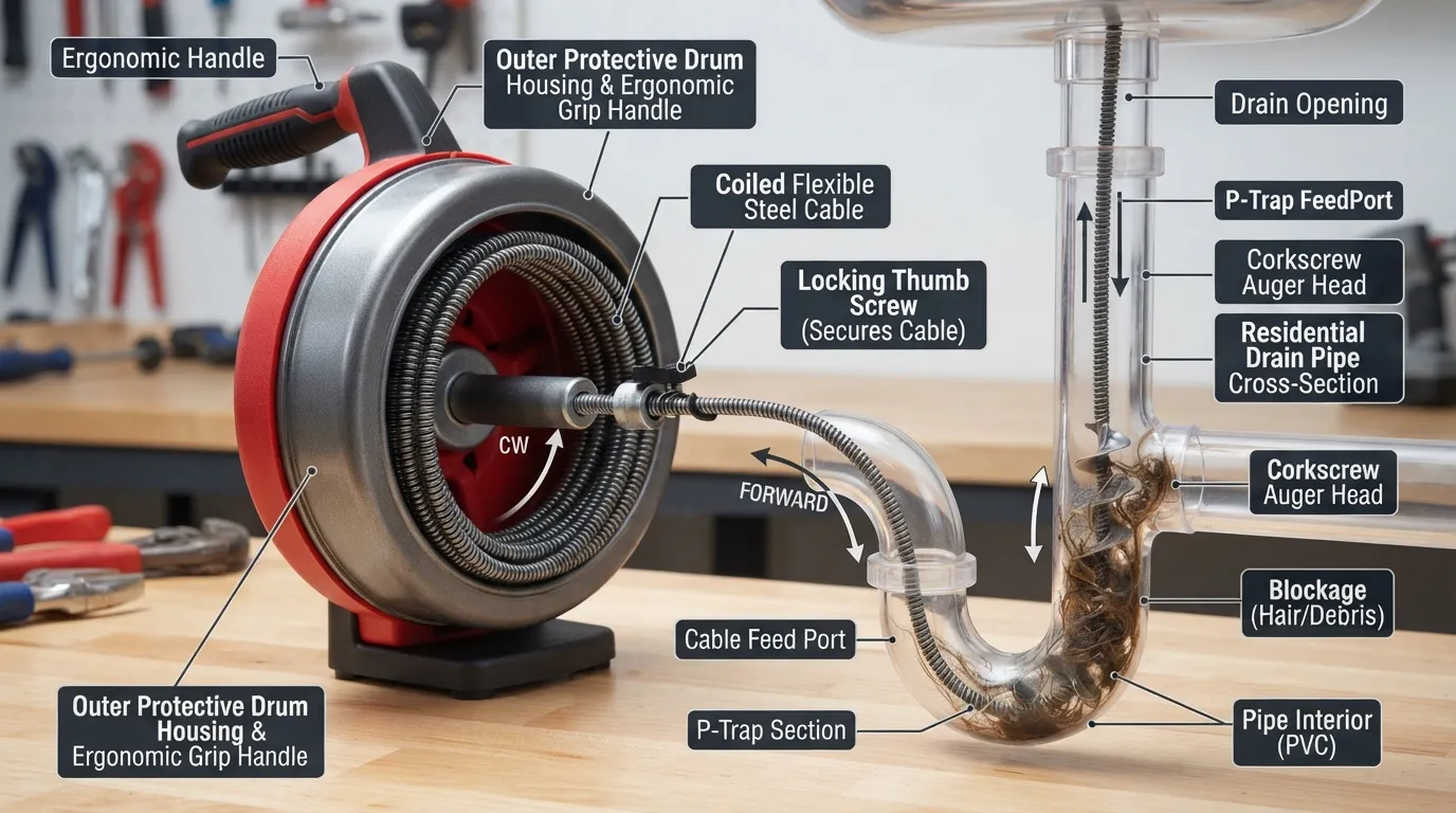 Close-up view of a hand-crank drum auger and its flexible steel coil cable used for clearing plumbing clogs.