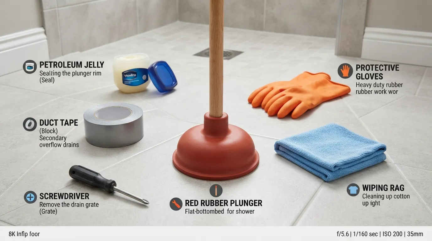 Flat-bottomed cup plunger, petroleum jelly, duct tape, and safety gloves laid out on a bathroom counter before unclogging a shower drain.