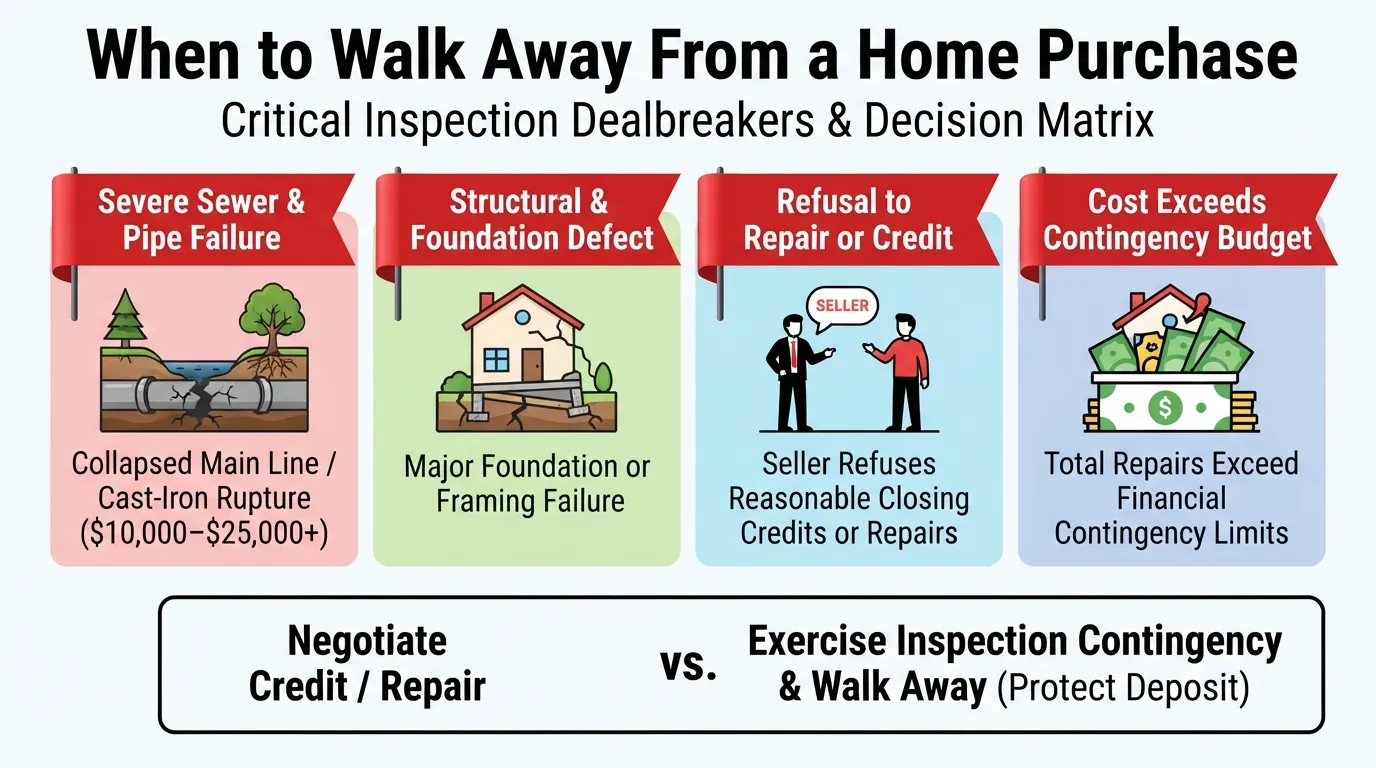 Infographic breakdown highlighting four major home inspection red flags that justify walking away from a purchase, including collapsed sewer lines, foundation damage, bad sellers, and repair costs exceeding budget.
