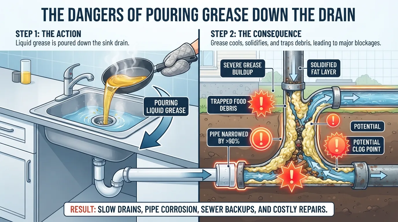 Cross-section of a clogged kitchen pipe showing solidified cooking oil buildup trapping food waste and causing plumbing damage.