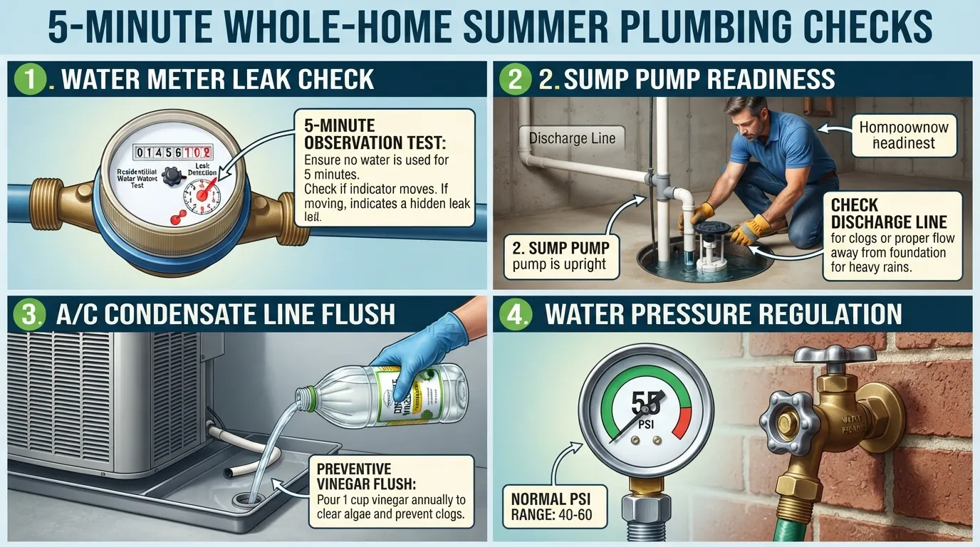 Homeowner performing a 5-minute whole-home summer plumbing check by inspecting the water meter leak indicator and air conditioner condensate line.