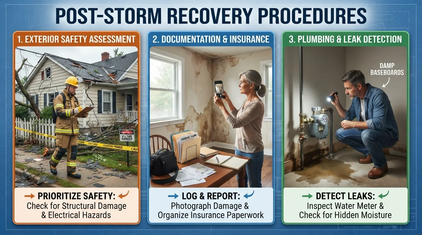 A homeowner inspecting structural property damage and checking a water meter after a severe hurricane.