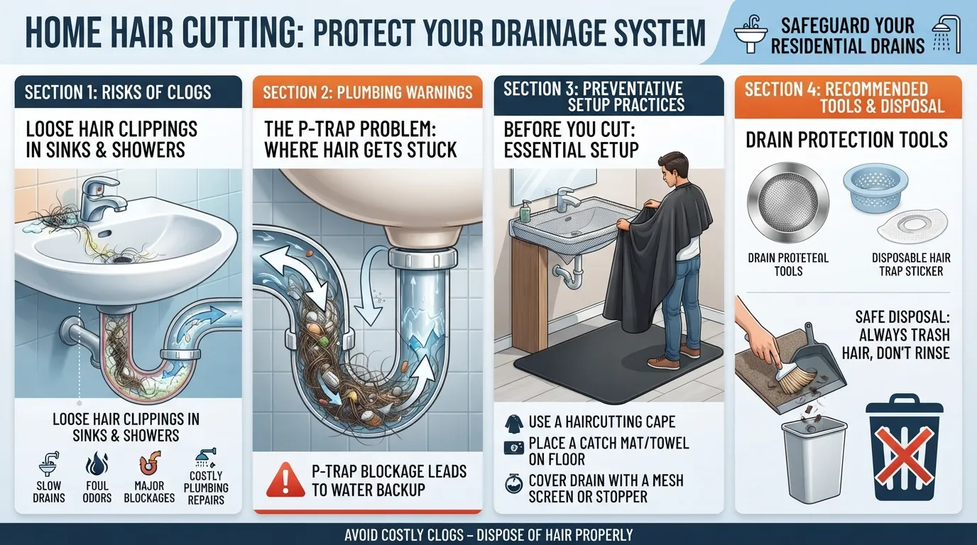 A comprehensive visual guide showing how at-home hair trimmings and loose clippings interact with bathroom plumbing and drains.