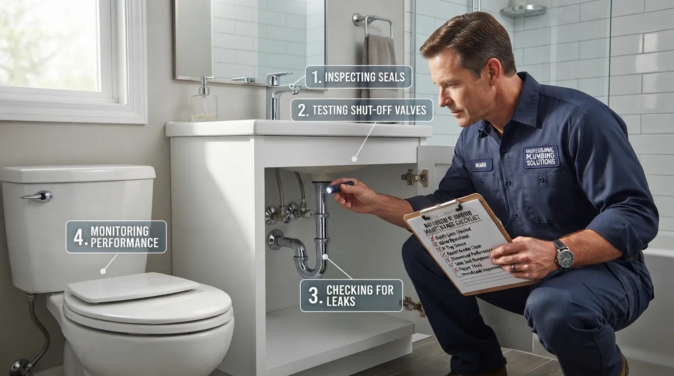 A professional plumber inspecting bathroom plumbing fixtures while checking a comprehensive maintenance checklist on a clipboard.