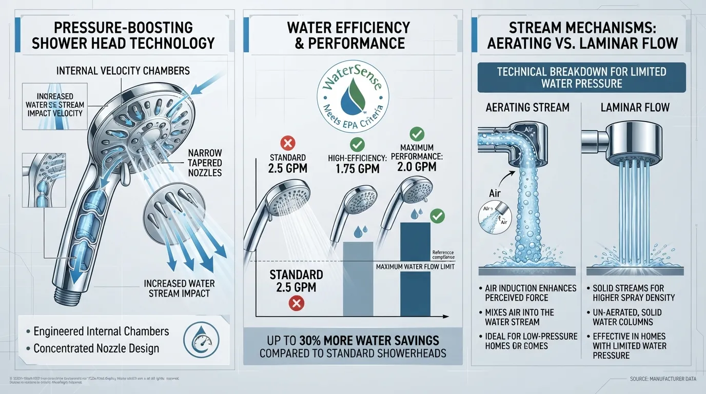 An infographic layout comparing high-pressure shower heads, featuring aerating and laminar flow designs, pressure-boosting components, and WaterSense compliance badges.