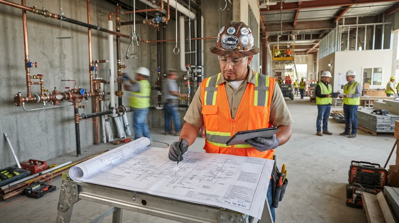 Certified union journeyman plumber reviewing blueprints on a commercial job site, illustrating career progression beyond an apprenticeship.