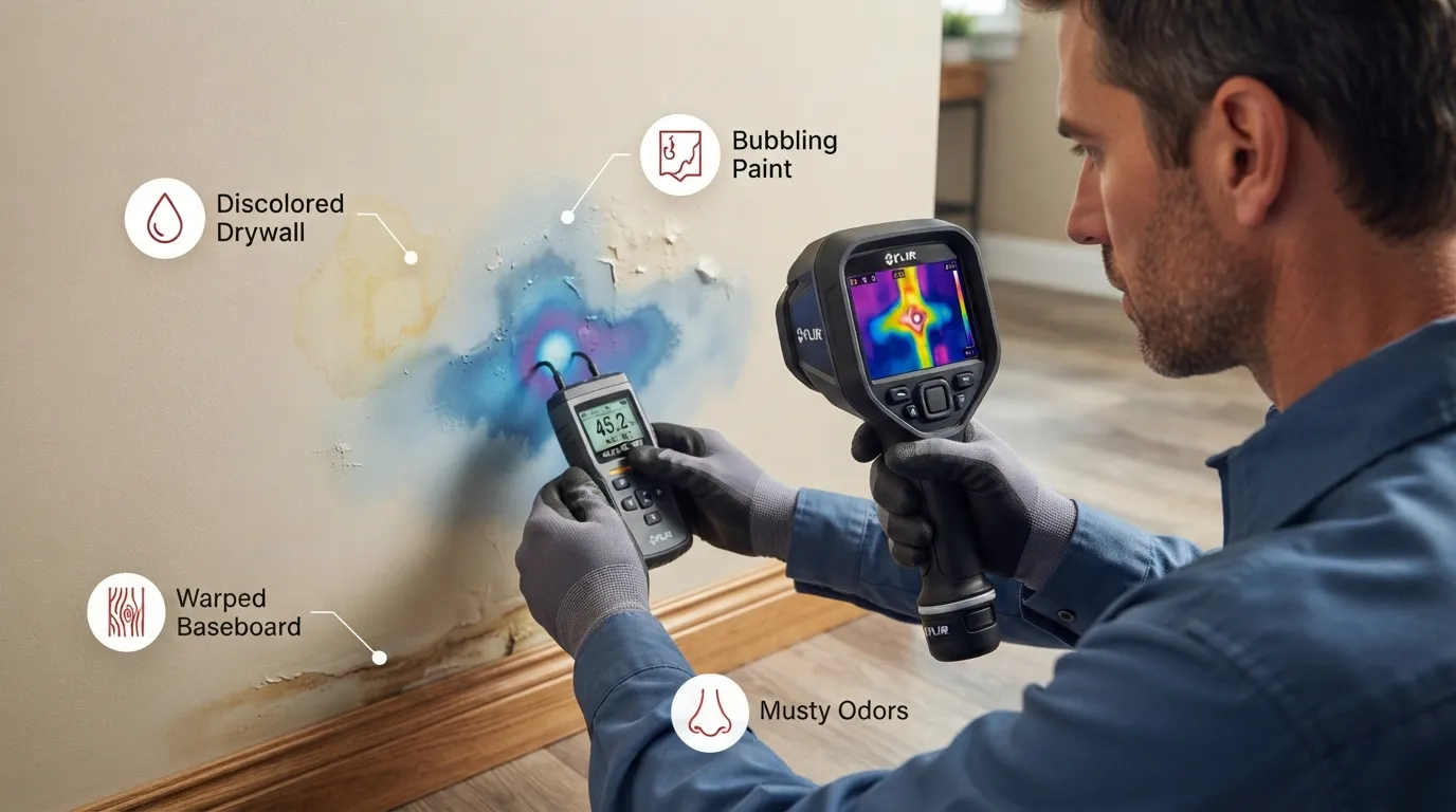 A plumber using thermal imaging and moisture detection tools to inspect a wall for hidden indoor water leaks.