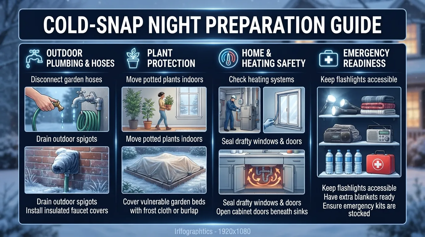 A comprehensive checklist infographic detailing essential steps to protect your home and garden before a hard freeze, including disconnecting hoses, covering outdoor plants, and insulating pipes.