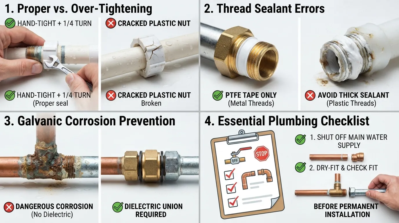Close-up photo showing a homeowner avoiding common DIY plumbing mistakes like over-tightening slip nuts and using incorrect thread sealants.